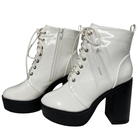 ALLEGRA K White Patent Leather Platform Lace Up Chunky Heel Combat Boots, 7.5 - Picture 6 of 13